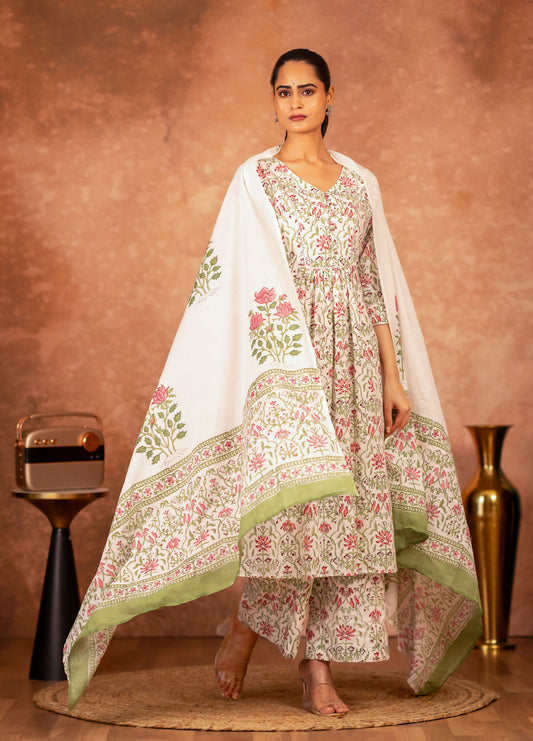 3 piece green pink hand block printed cotton suit set