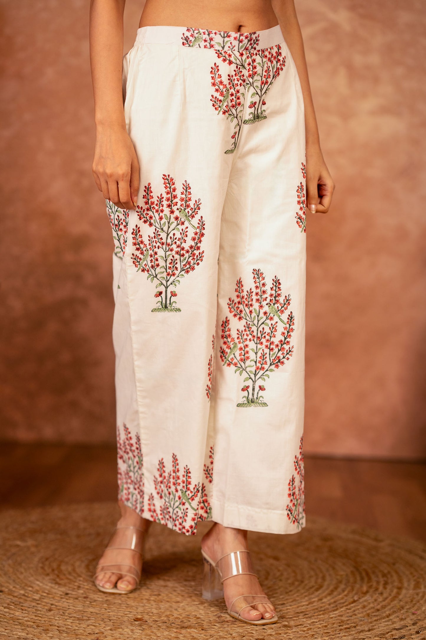 off white cotton pants with red hand block design