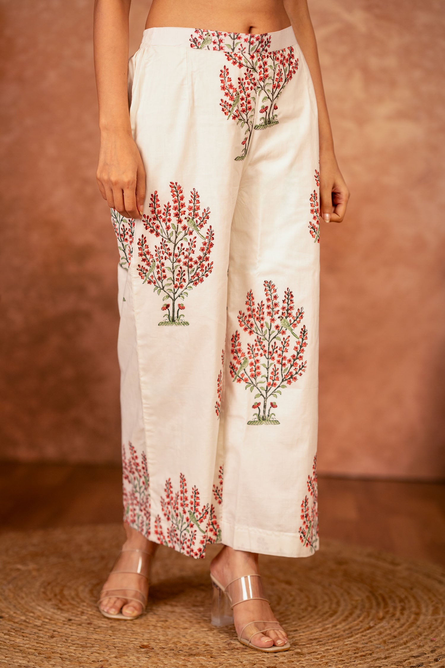 off white cotton pants with red hand block design
