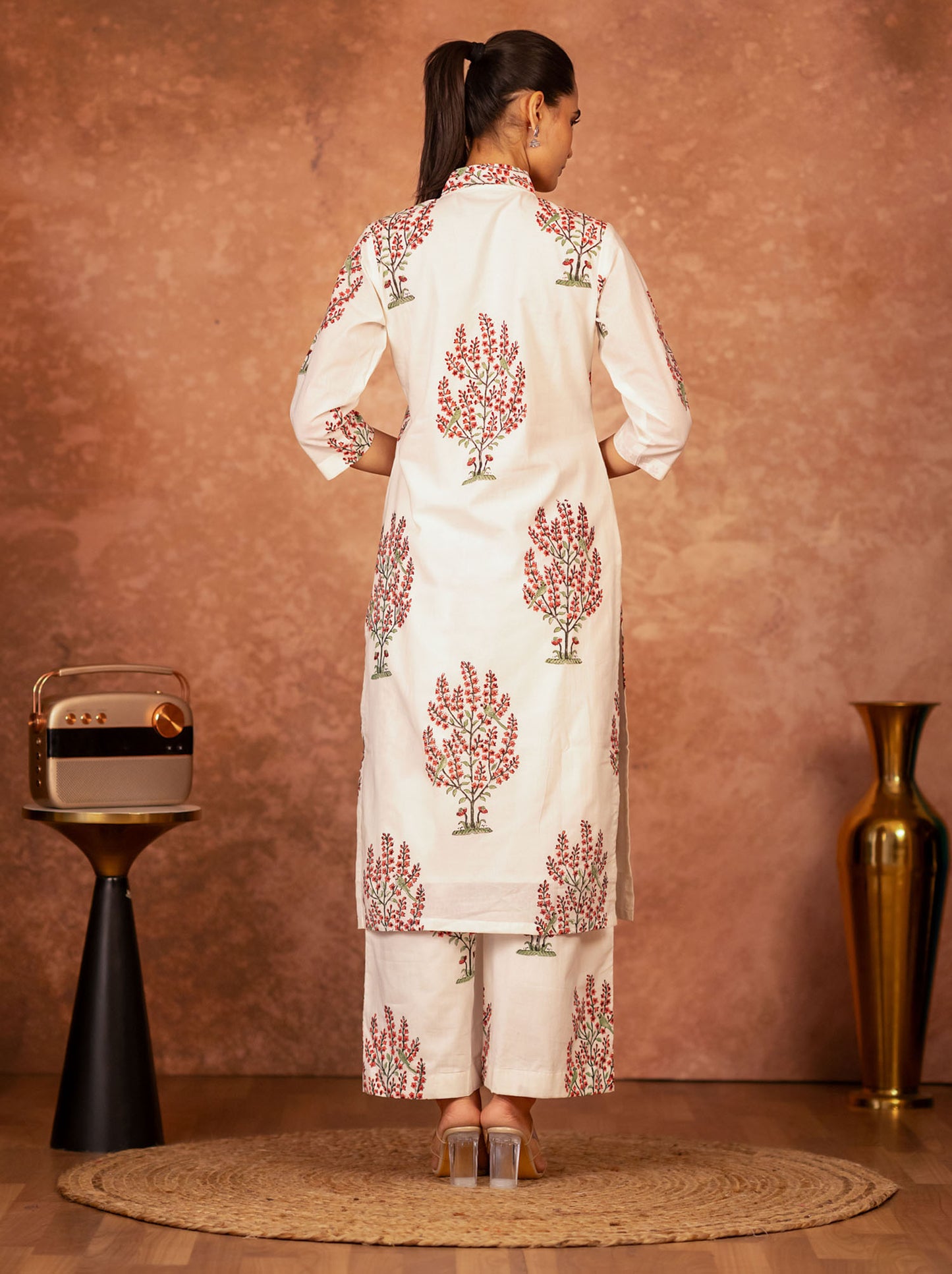 women’s off white red cotton suit set hand blocked by artisans