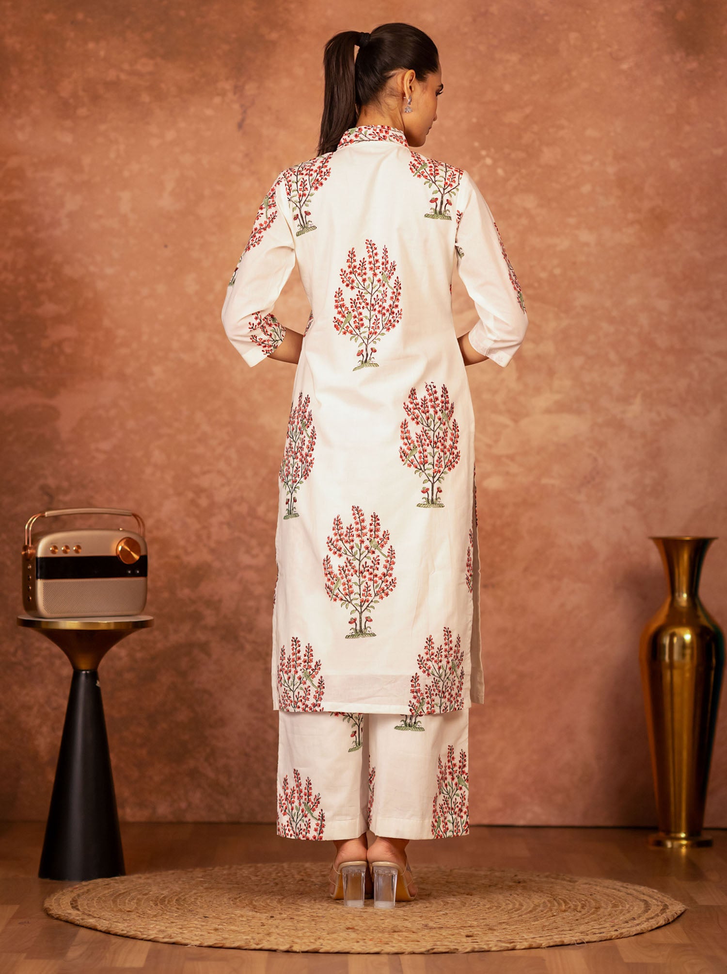 women’s off white red cotton suit set hand blocked by artisans