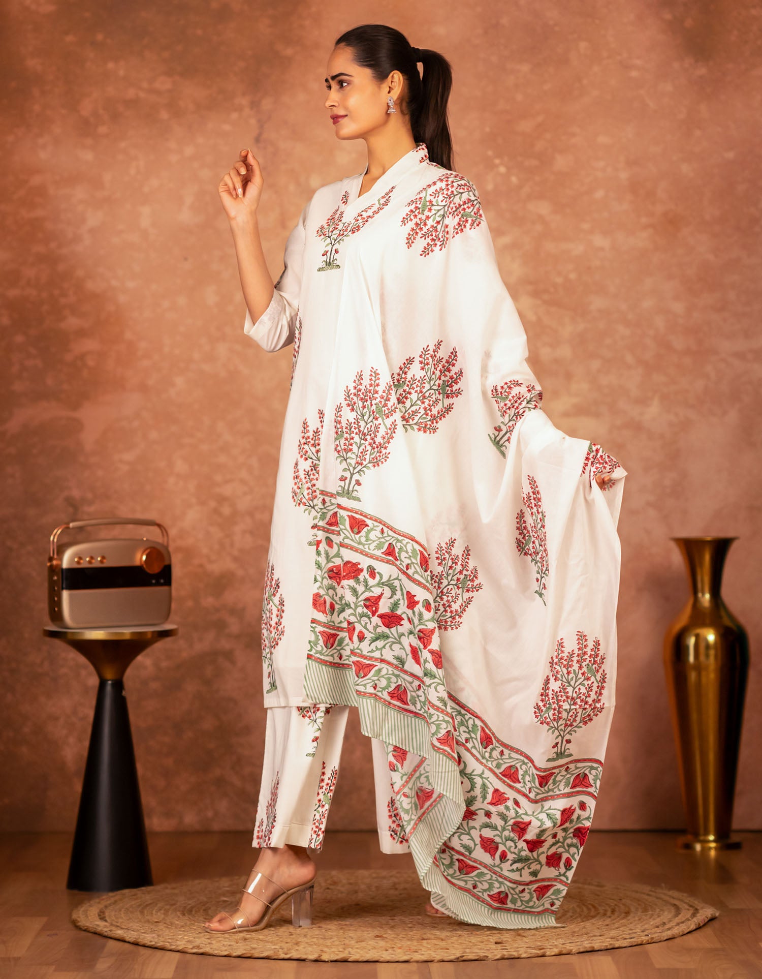 3 piece off white and red hand block cotton suit set