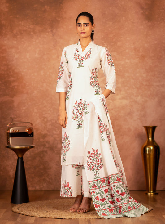 off white cotton kurta with red hand block floral print