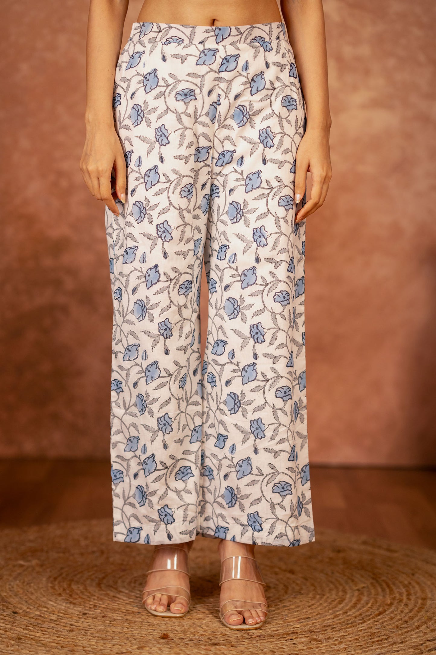 blue cotton pants with hand block print