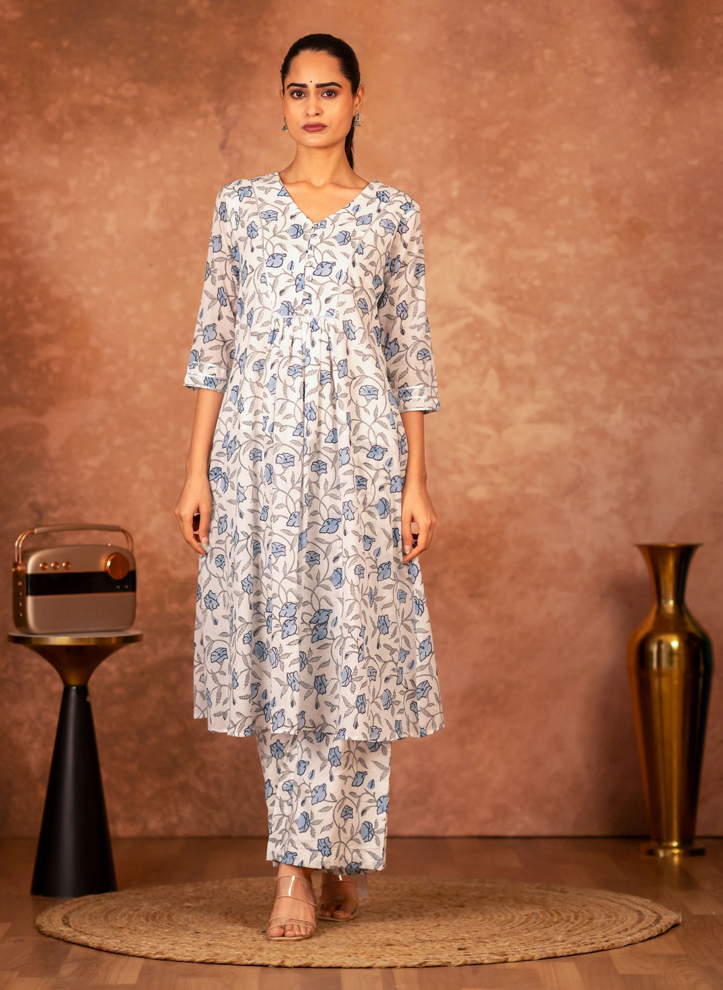 Blue Hand Block Floral Printed Cotton Suit Set of 3