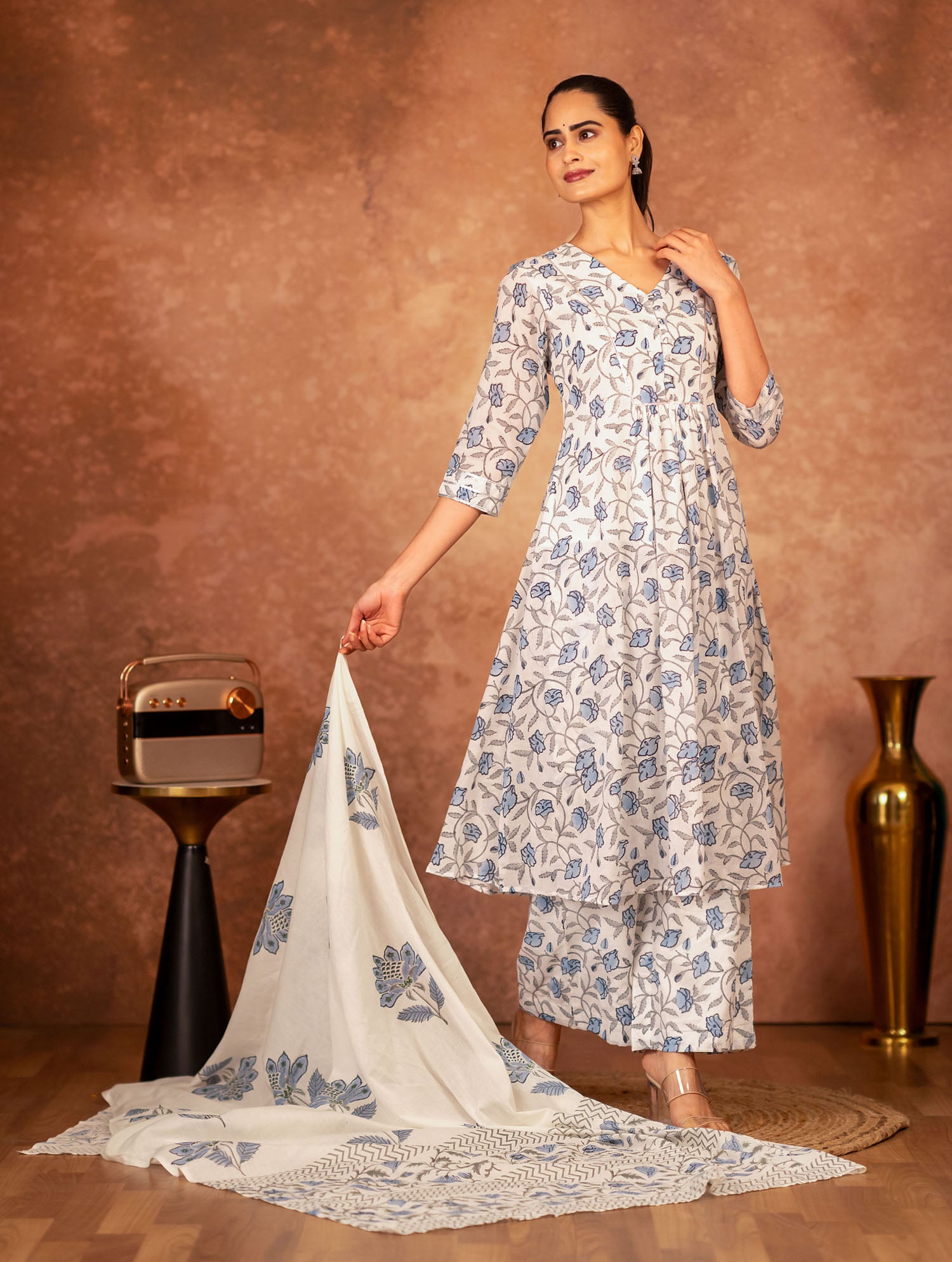 blue hand block printed cotton kurta floral design