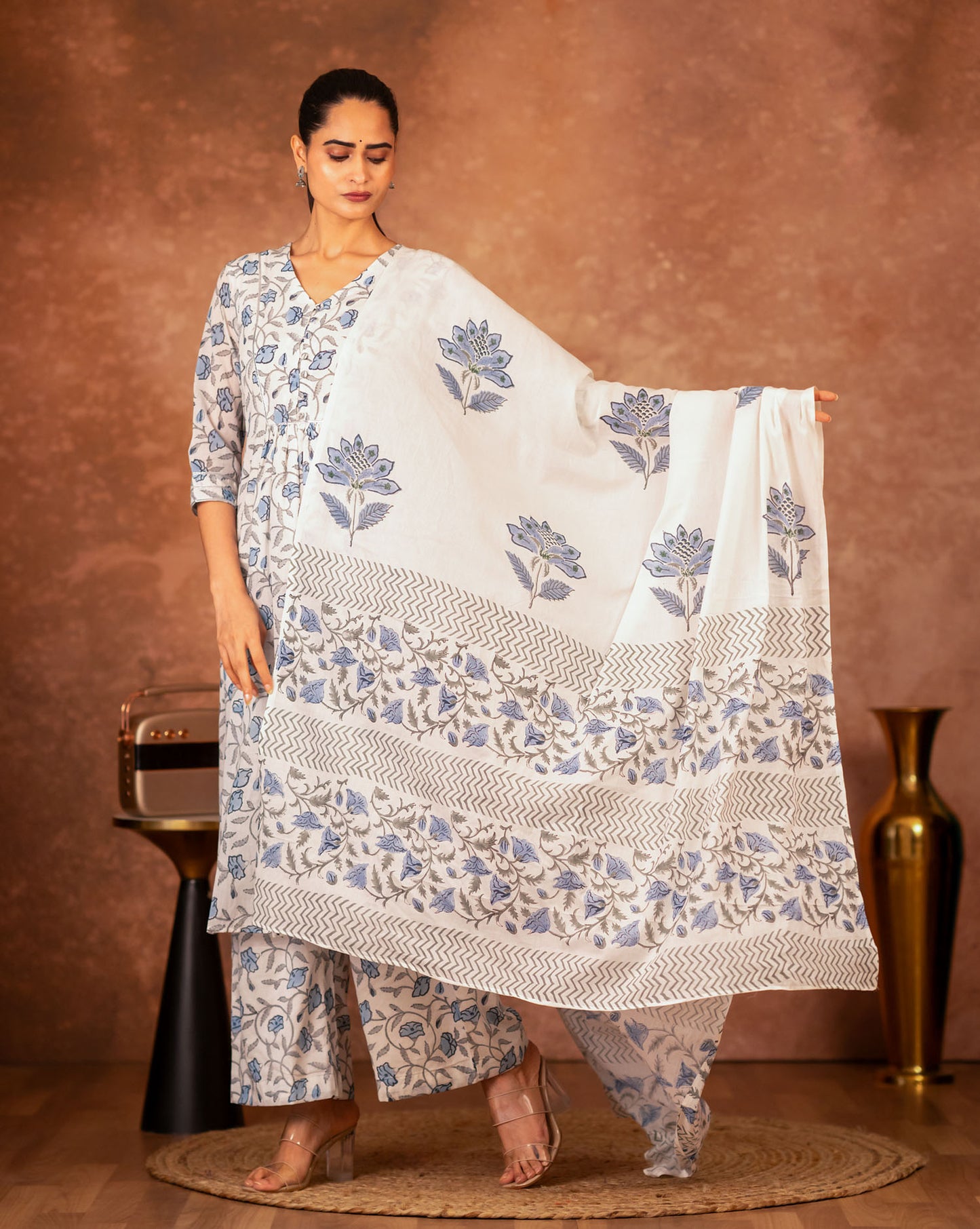 cotton dupatta blue floral hand block print
