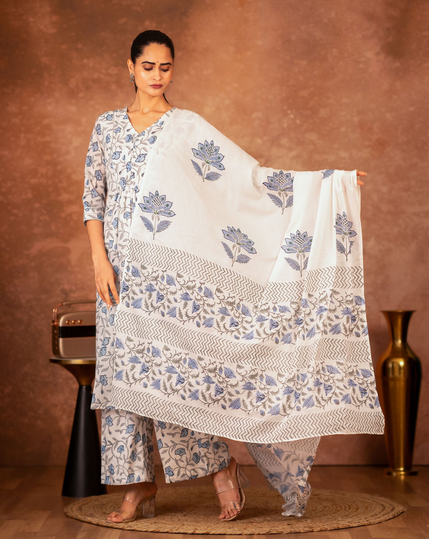 cotton dupatta blue floral hand block print