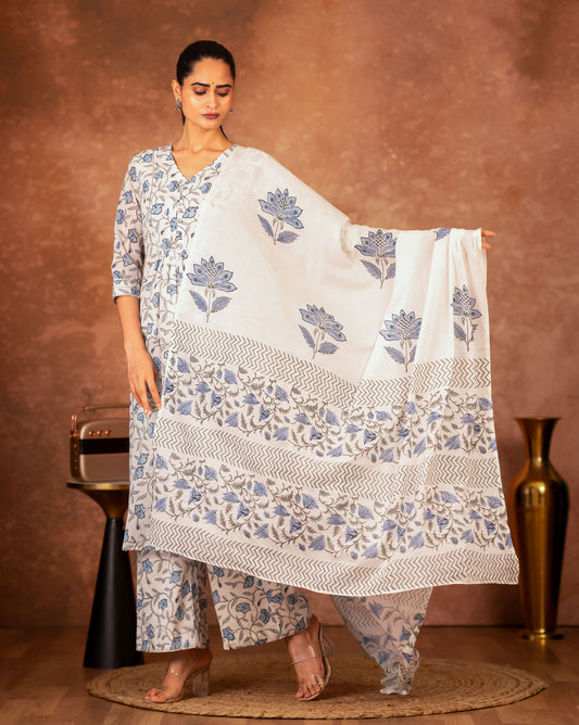 cotton dupatta blue floral hand block print