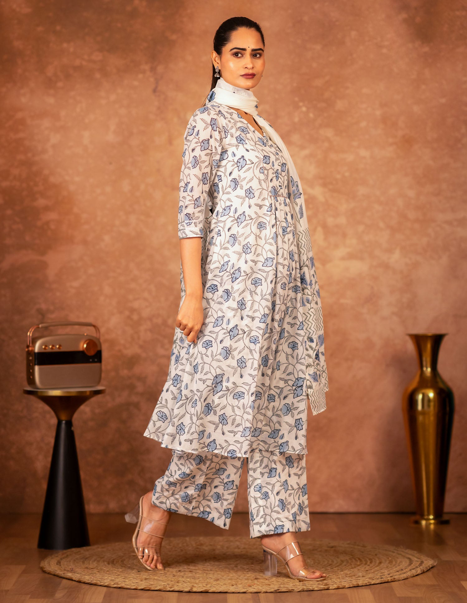 cotton dupatta blue floral hand block print