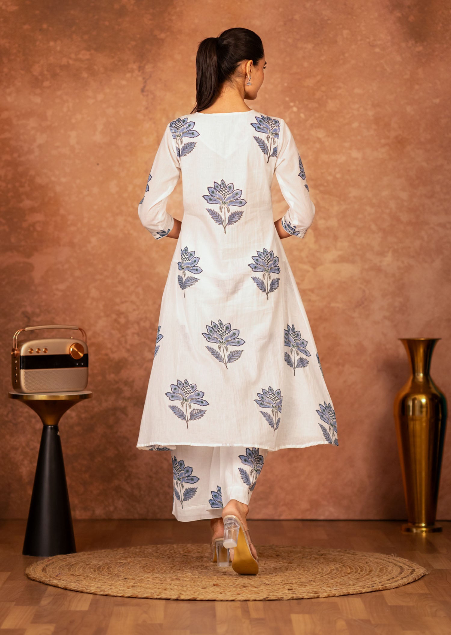 artisan hand block floral pattern on off white cotton kurta
