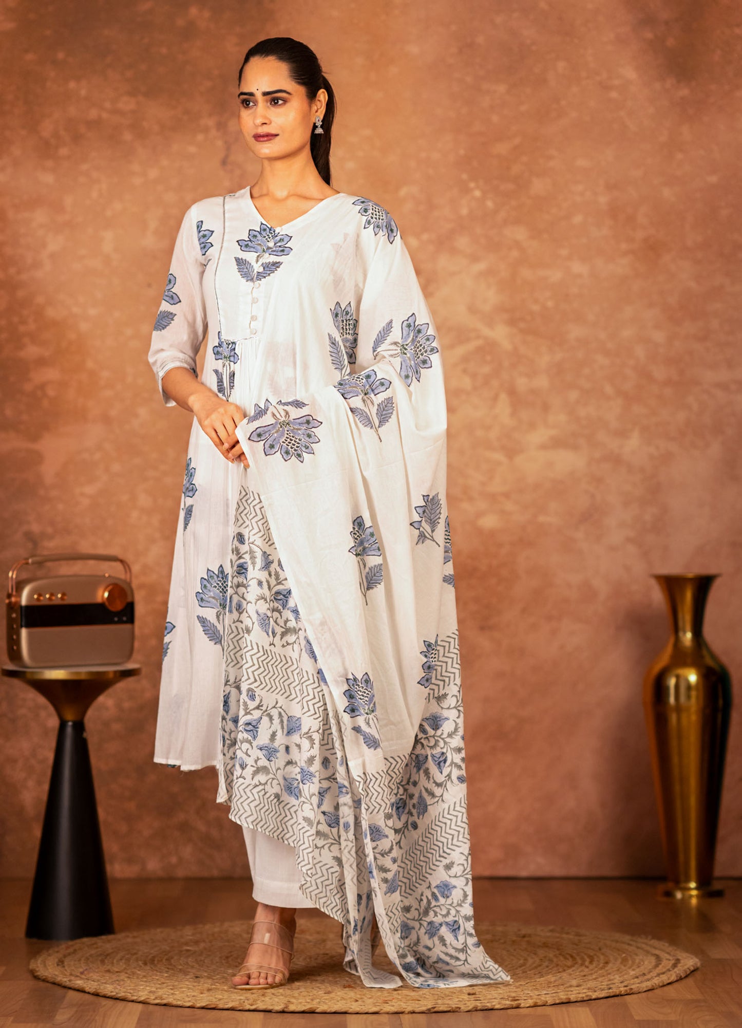 3 piece off white and blue hand block cotton suit set