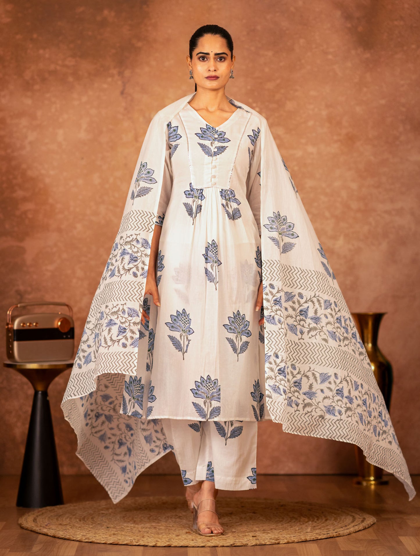 soft breathable off white cotton bottom with blue floral block print