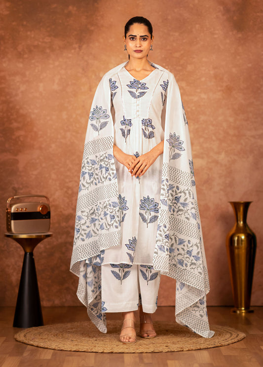 off white cotton kurta with blue hand block floral print