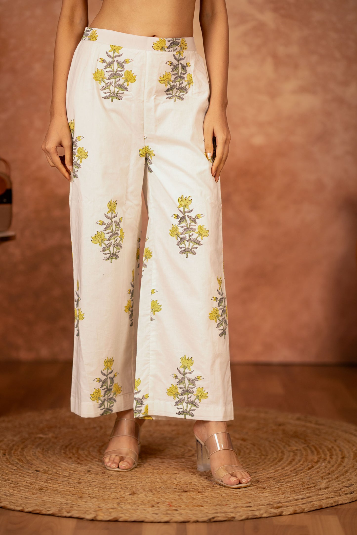 Off White Yellow Hand Block Printed Cotton Suit Set of 3