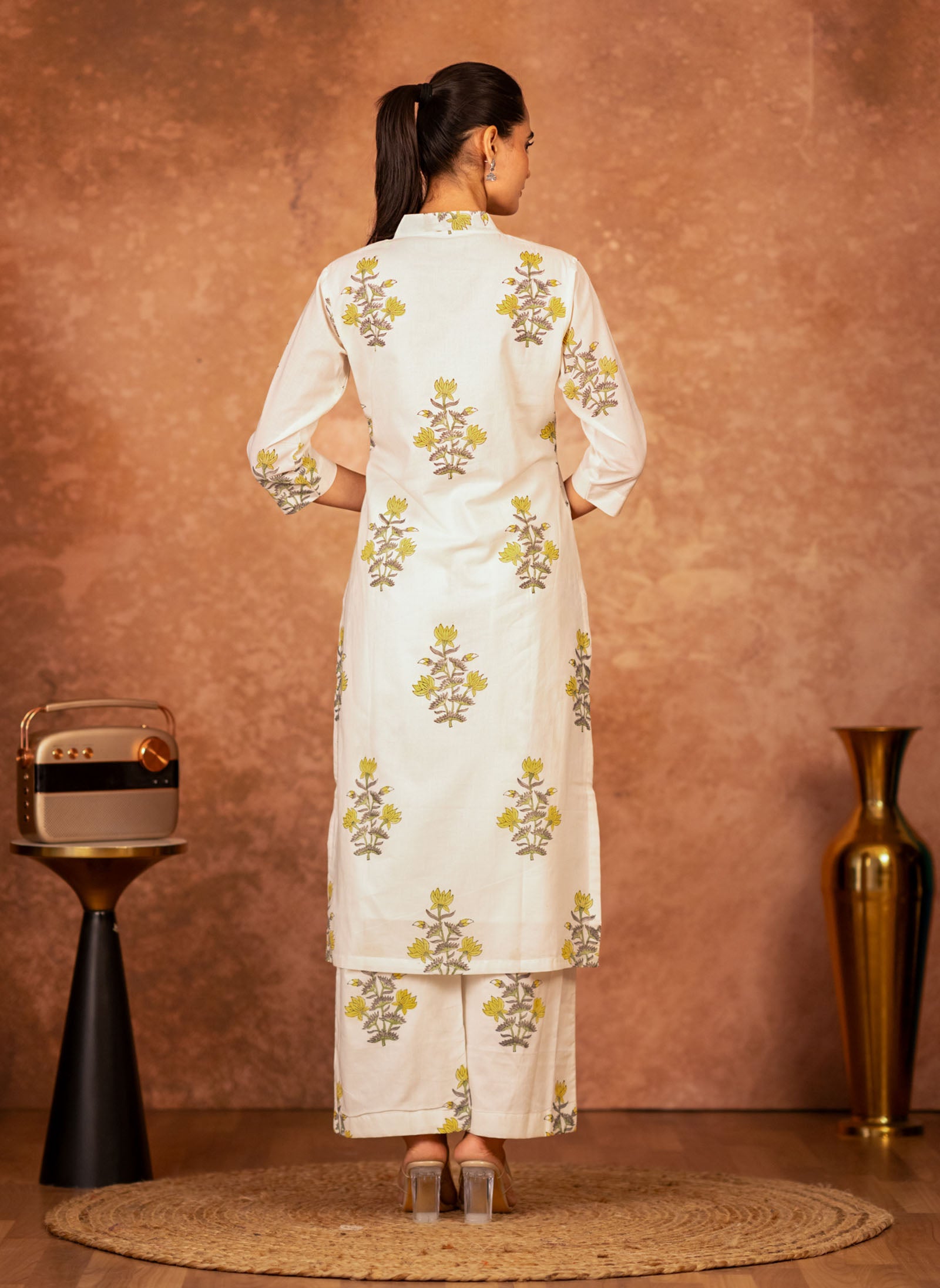 artisan hand block floral pattern on off white cotton kurta