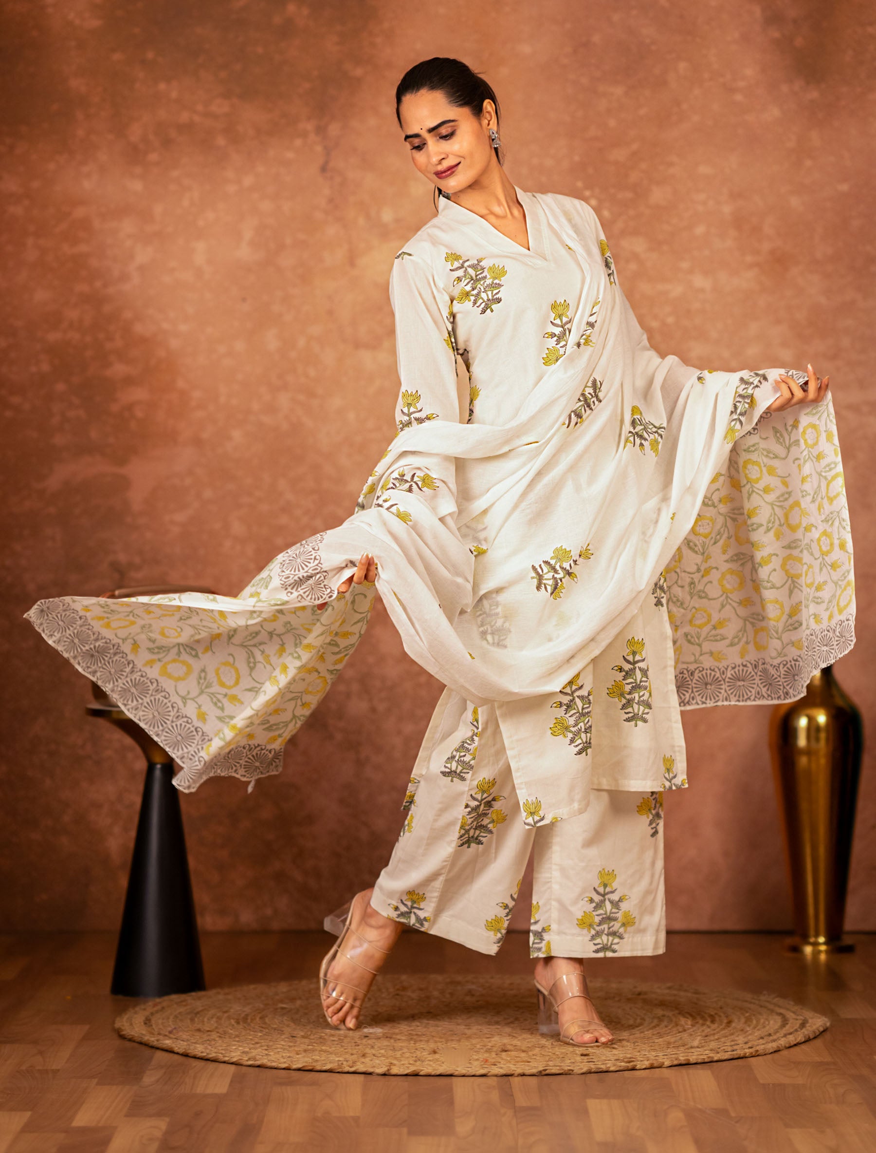 yellow floral hand block print dupatta on off white cotton
