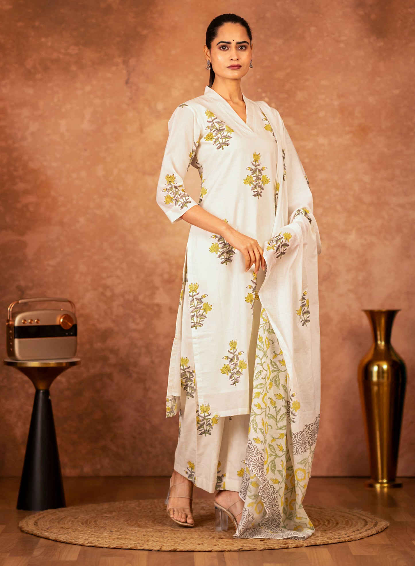 3 piece off white yellow hand block cotton suit set