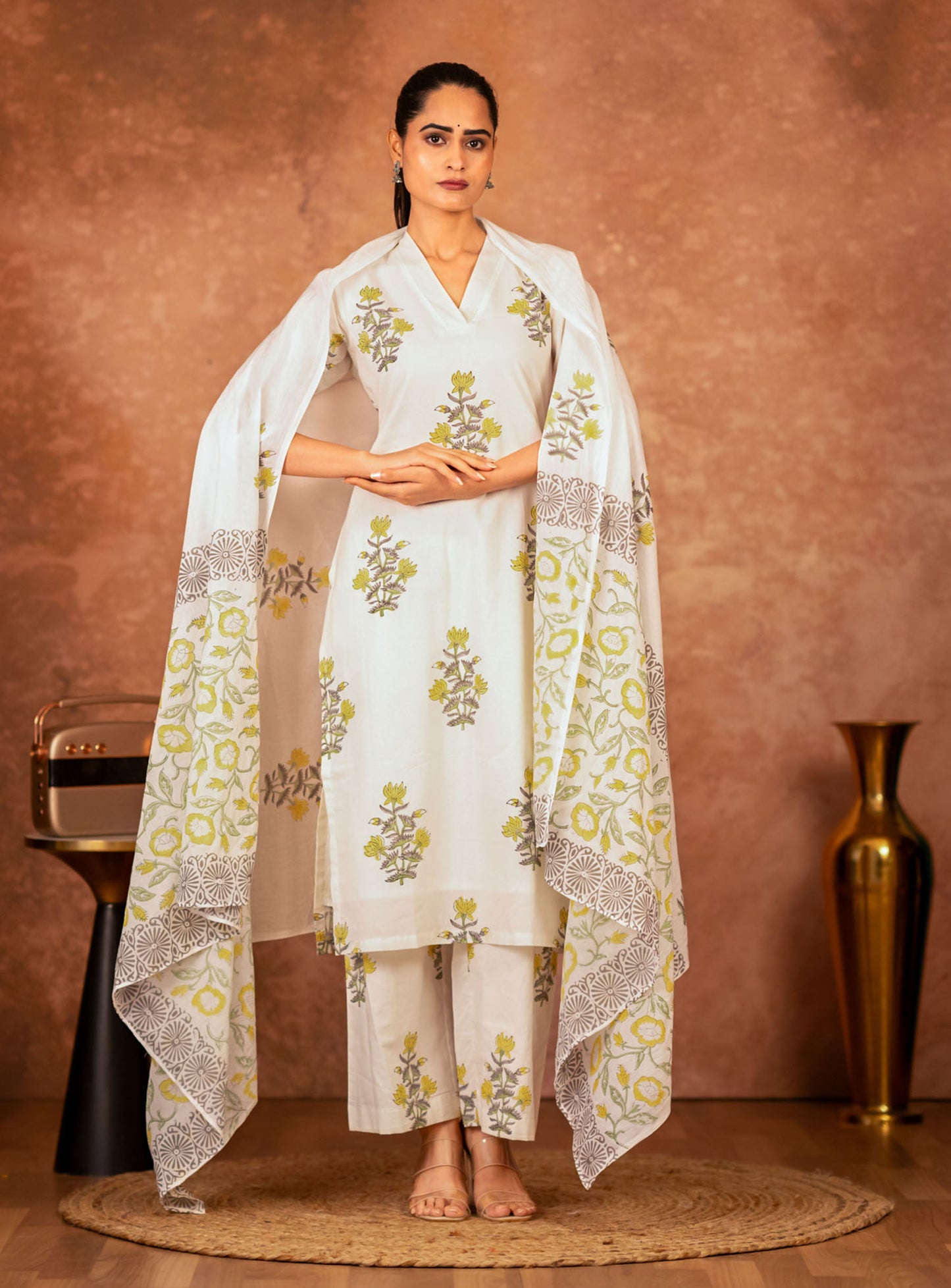 off white yellow hand block printed cotton kurta