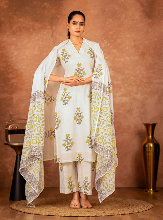 off white yellow hand block printed cotton kurta