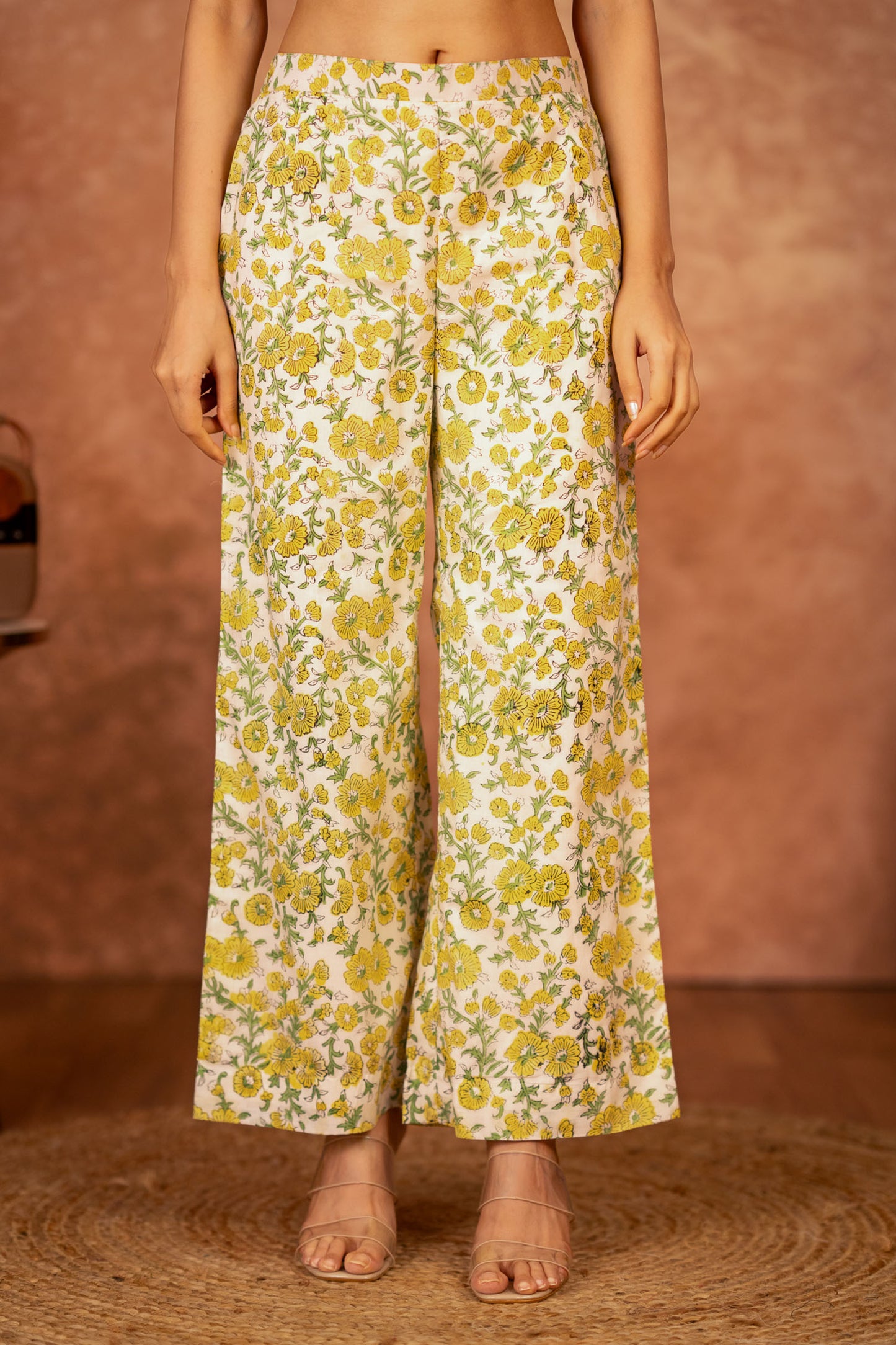 Yellow Hand Block Floral Printed Cotton Suit Set of 3