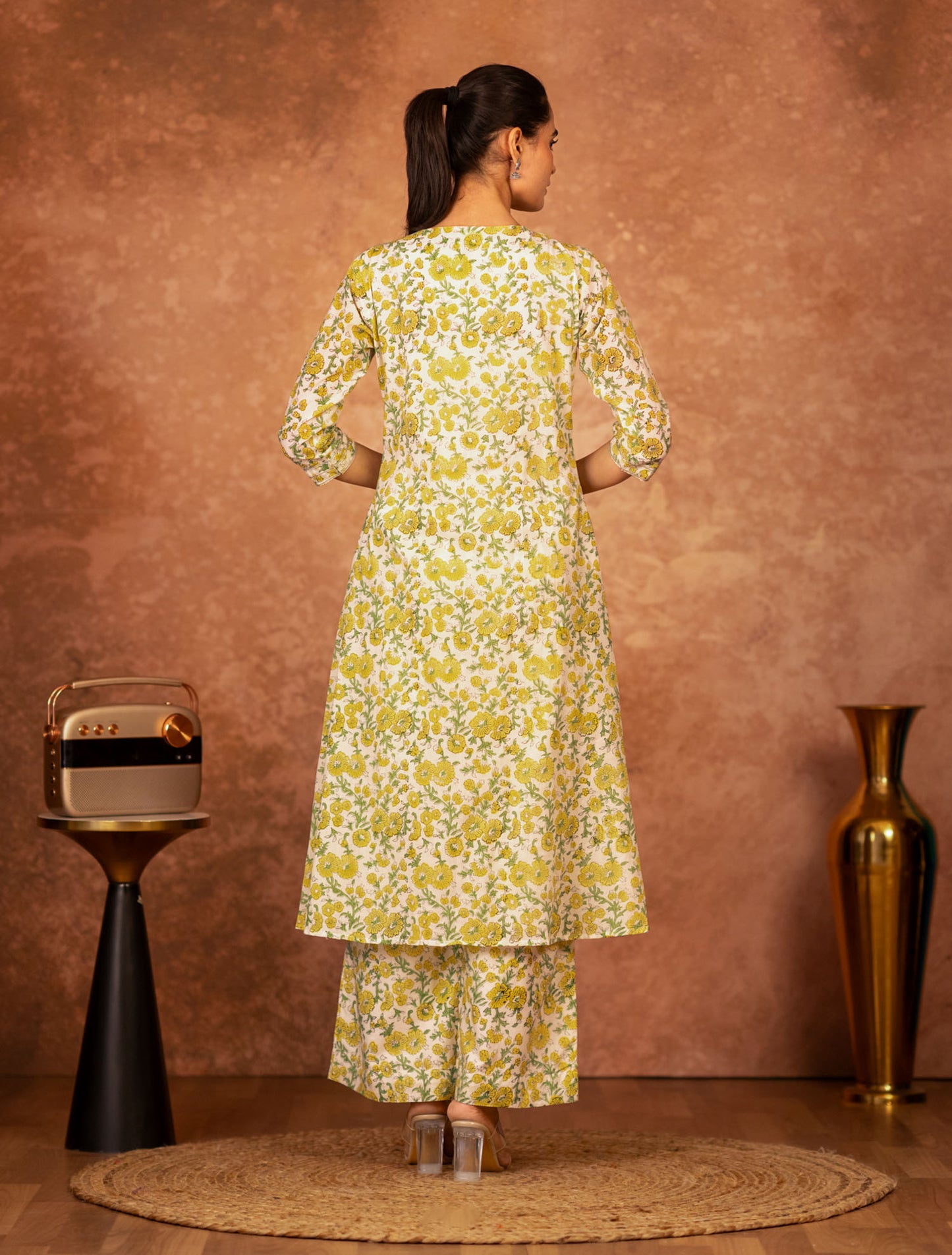 yellow cotton pants with hand-block floral design