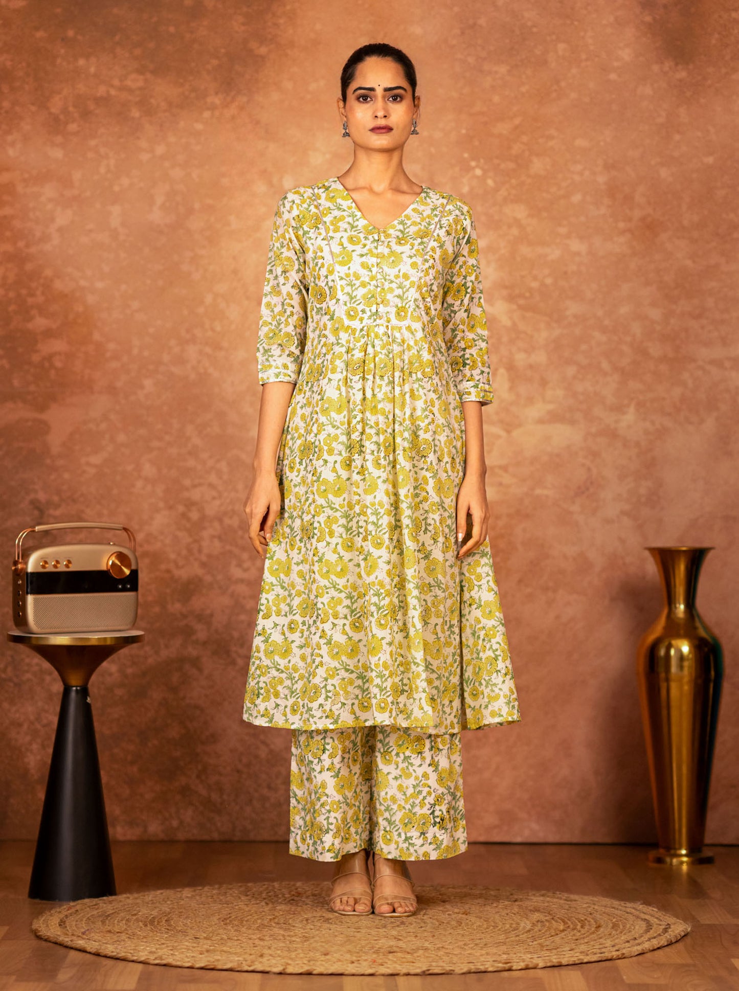 women’s yellow cotton suit set handcrafted block print