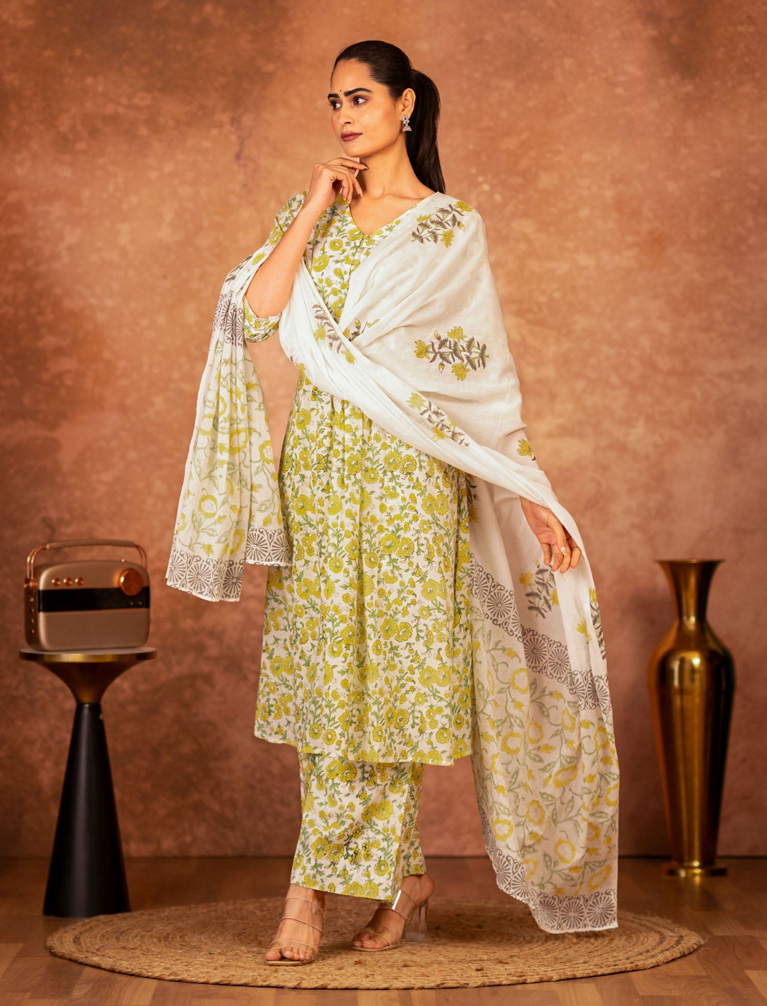 yellow hand-block floral printed cotton kurta