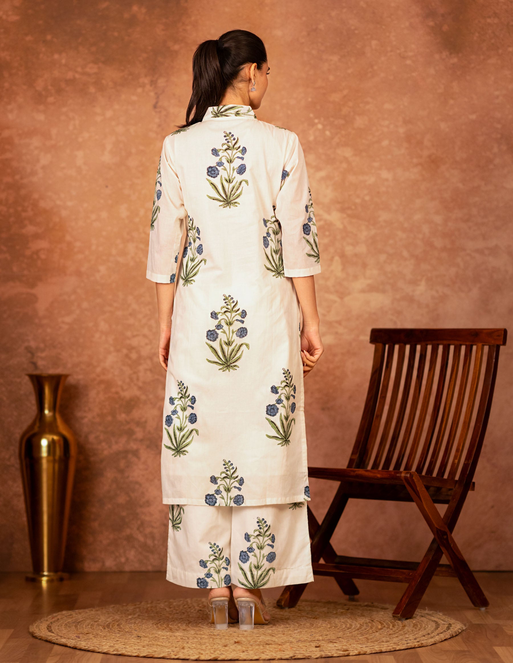 traditional blue floral hand block printed cotton suit set