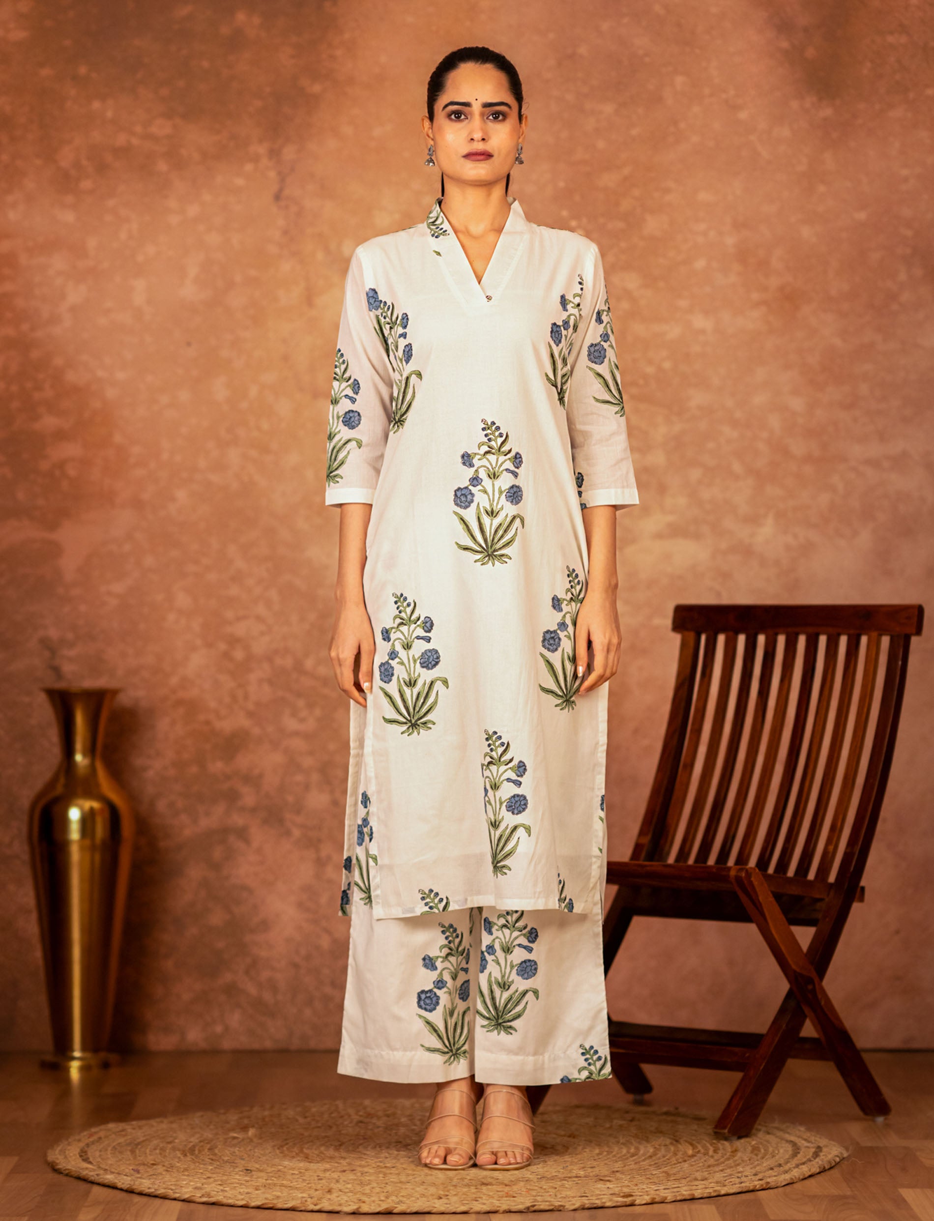 blue hand block printed cotton dupatta off white base