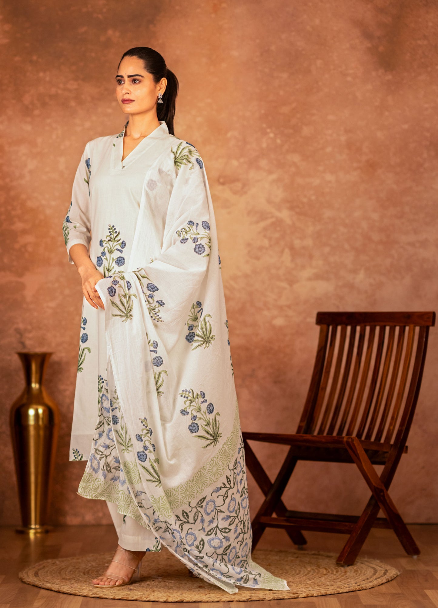 off white cotton kurta with blue floral block print