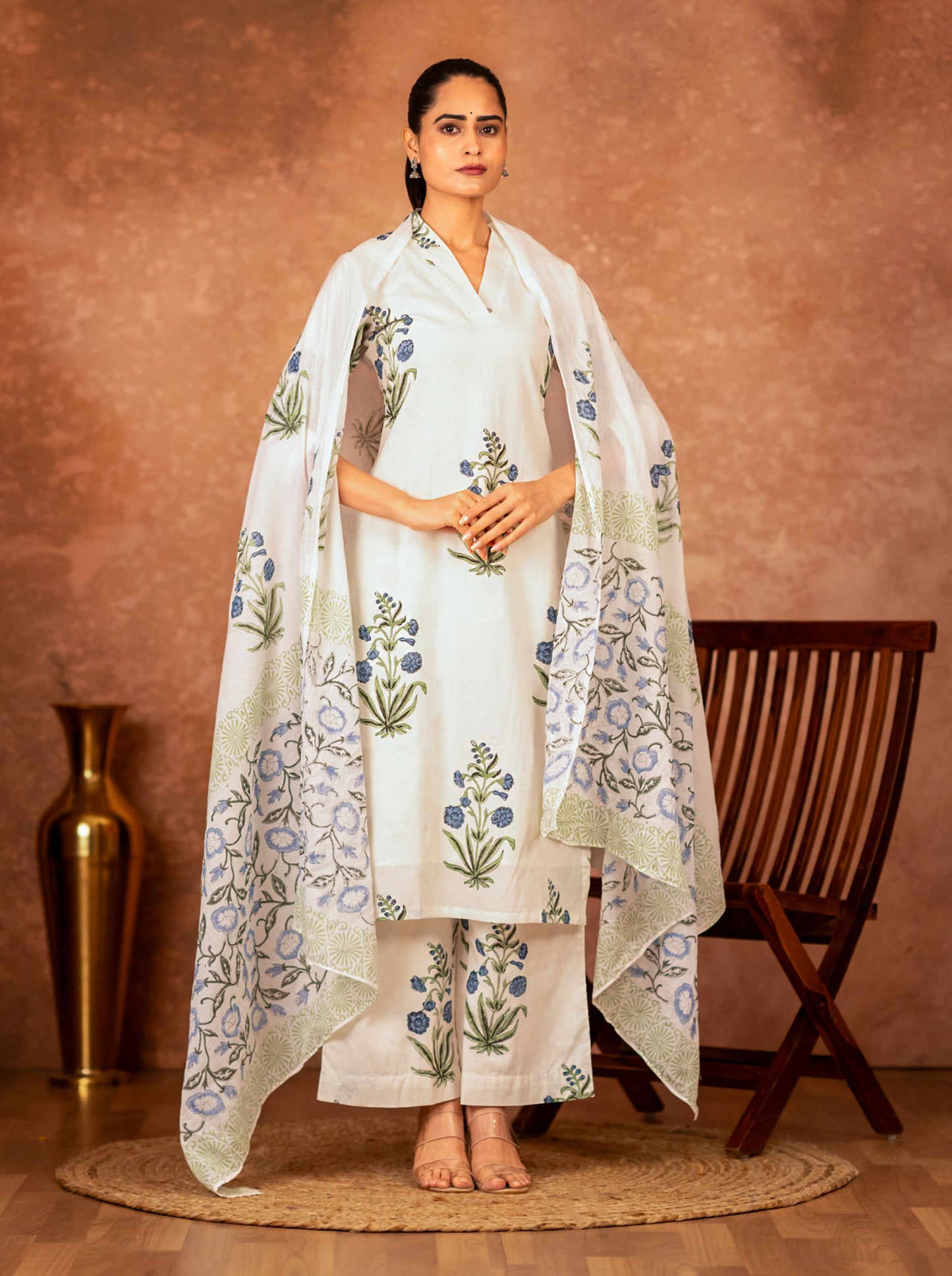 off white blue hand block printed cotton kurta floral design