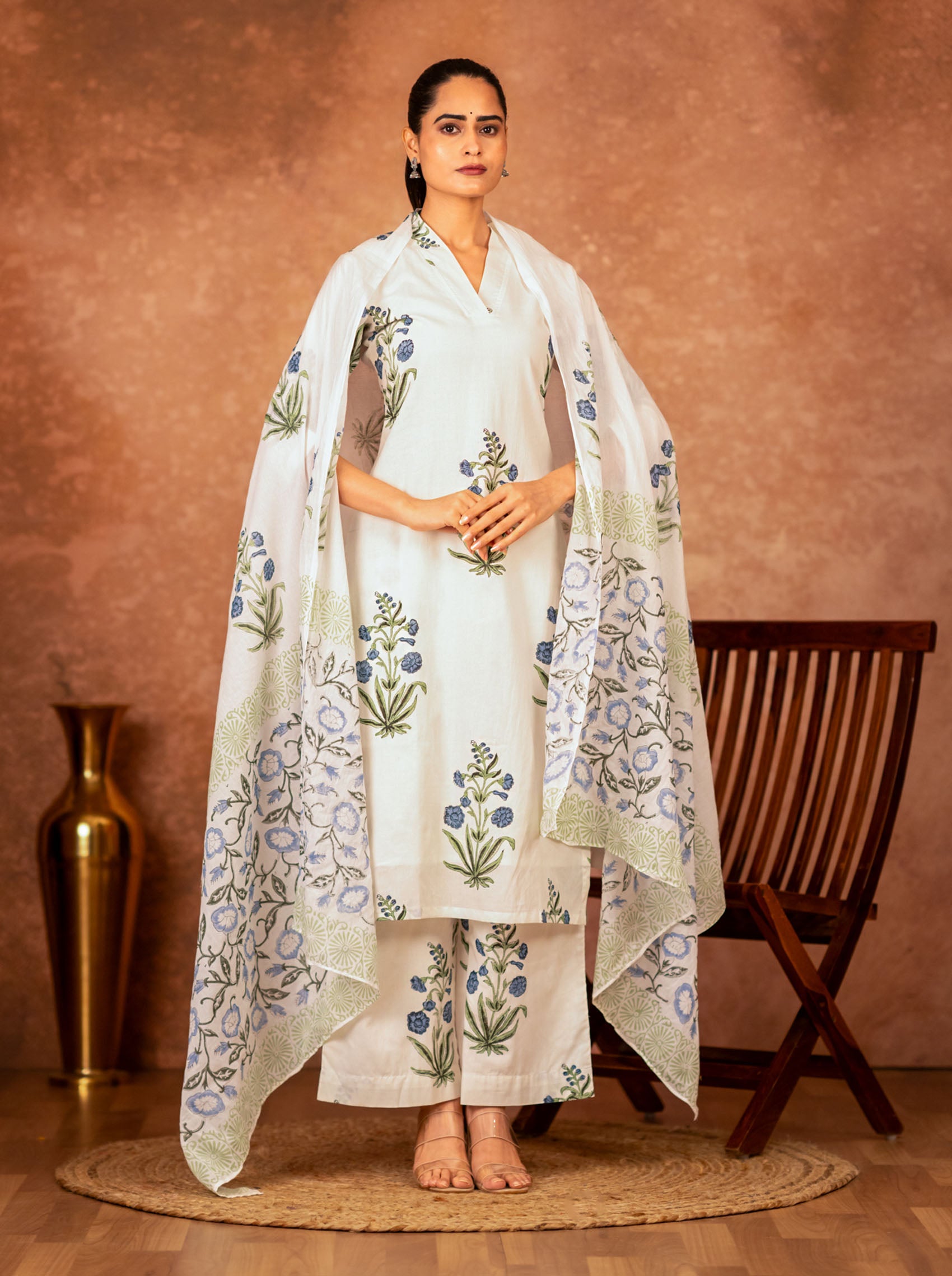 off white blue hand block printed cotton kurta floral design