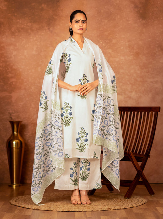 off white blue hand block printed cotton kurta floral design