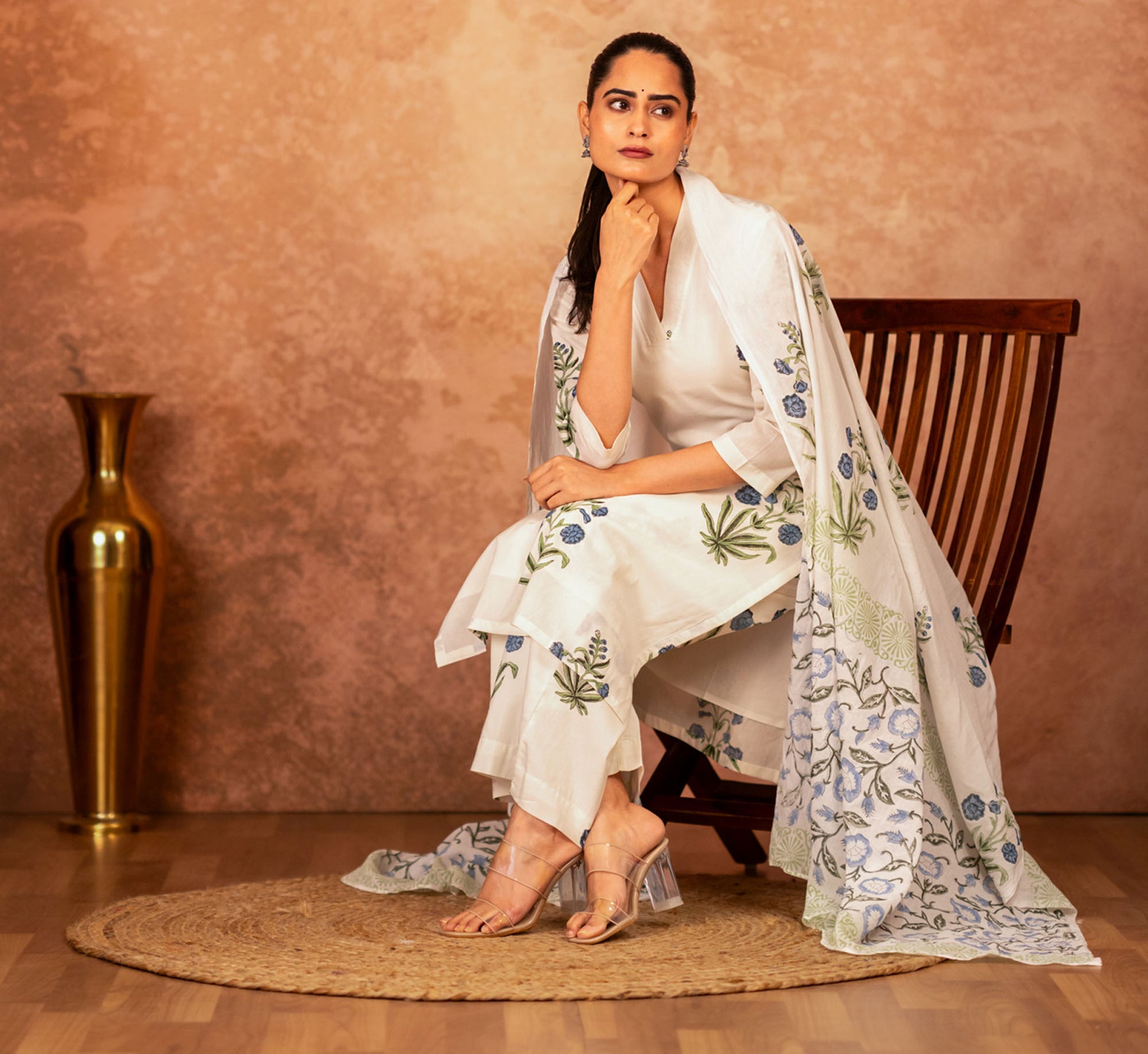 women off white blue floral cotton suit set 3 piece