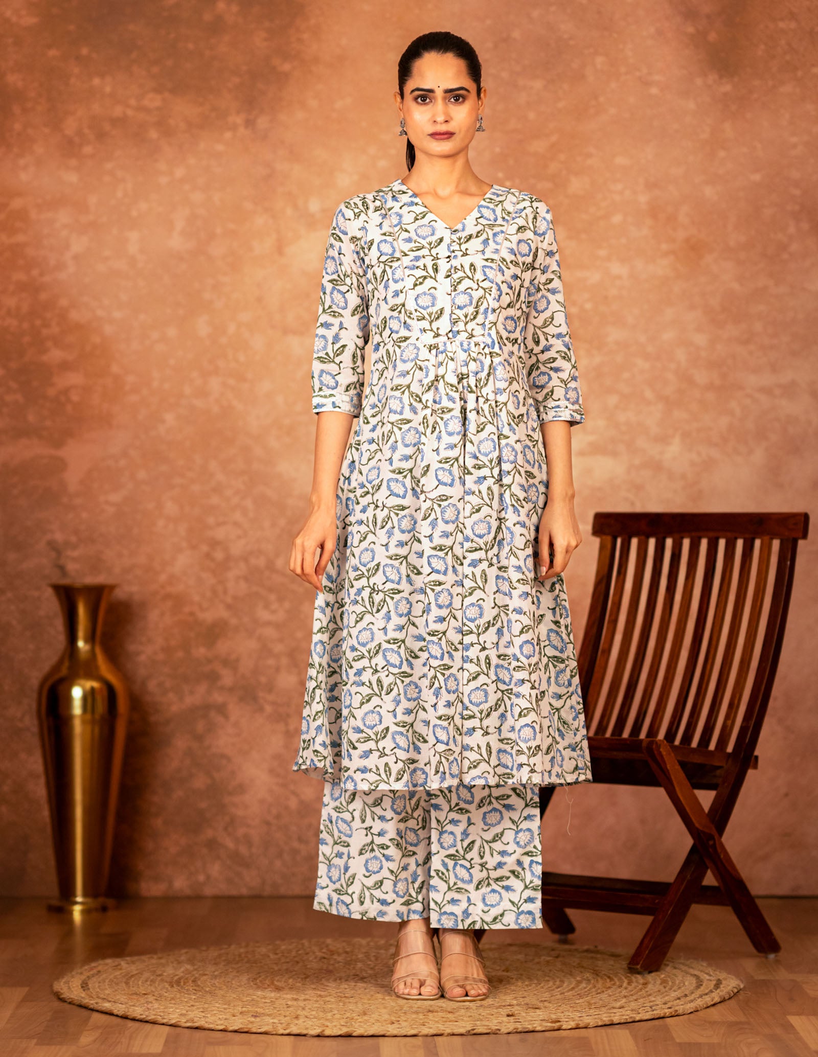 blue cotton kurta with traditional hand block print