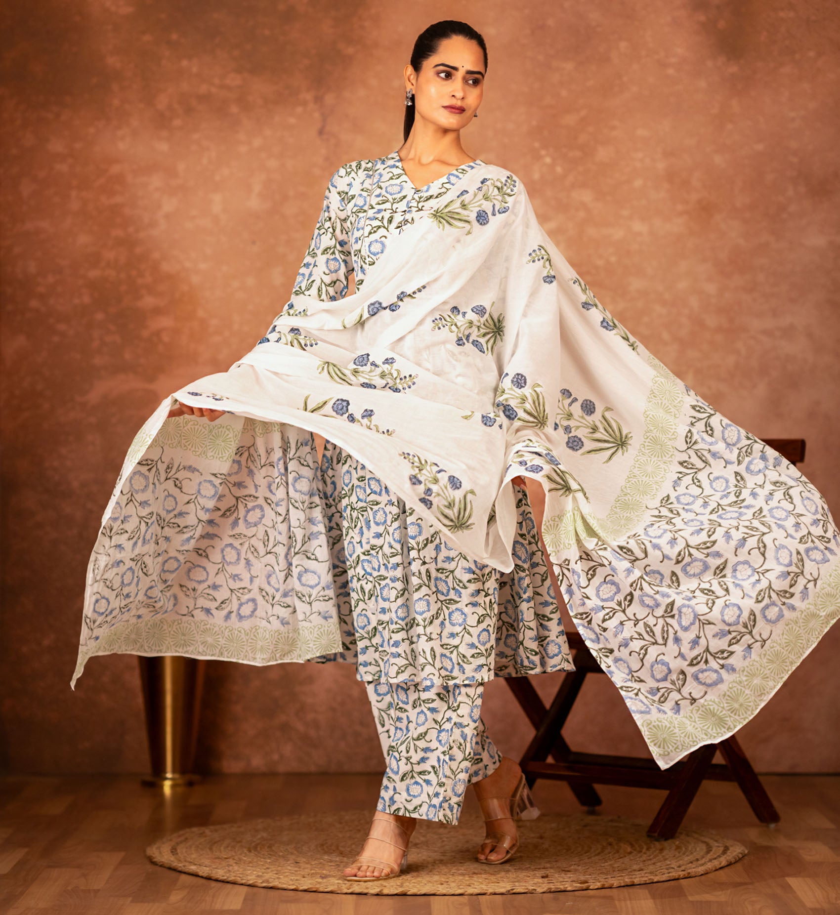 floral block print blue cotton suit set 3 piece