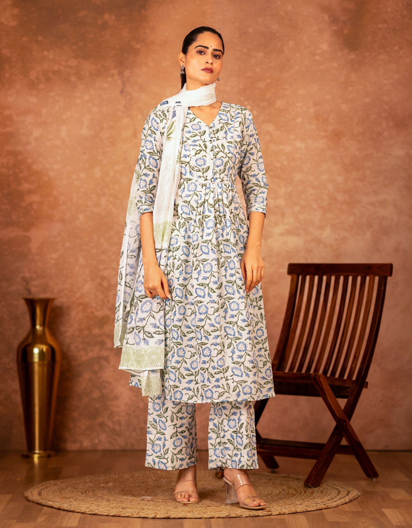 blue hand block printed cotton kurta for women