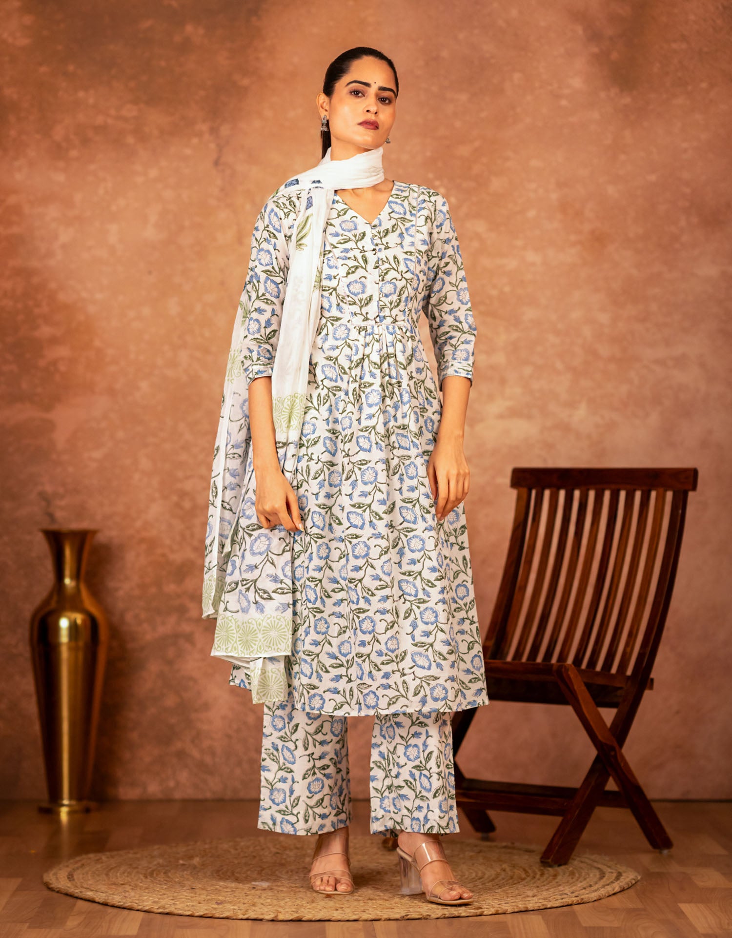 blue hand block printed cotton kurta for women