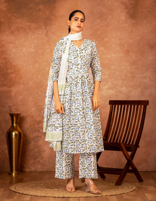 blue hand block printed cotton kurta for women