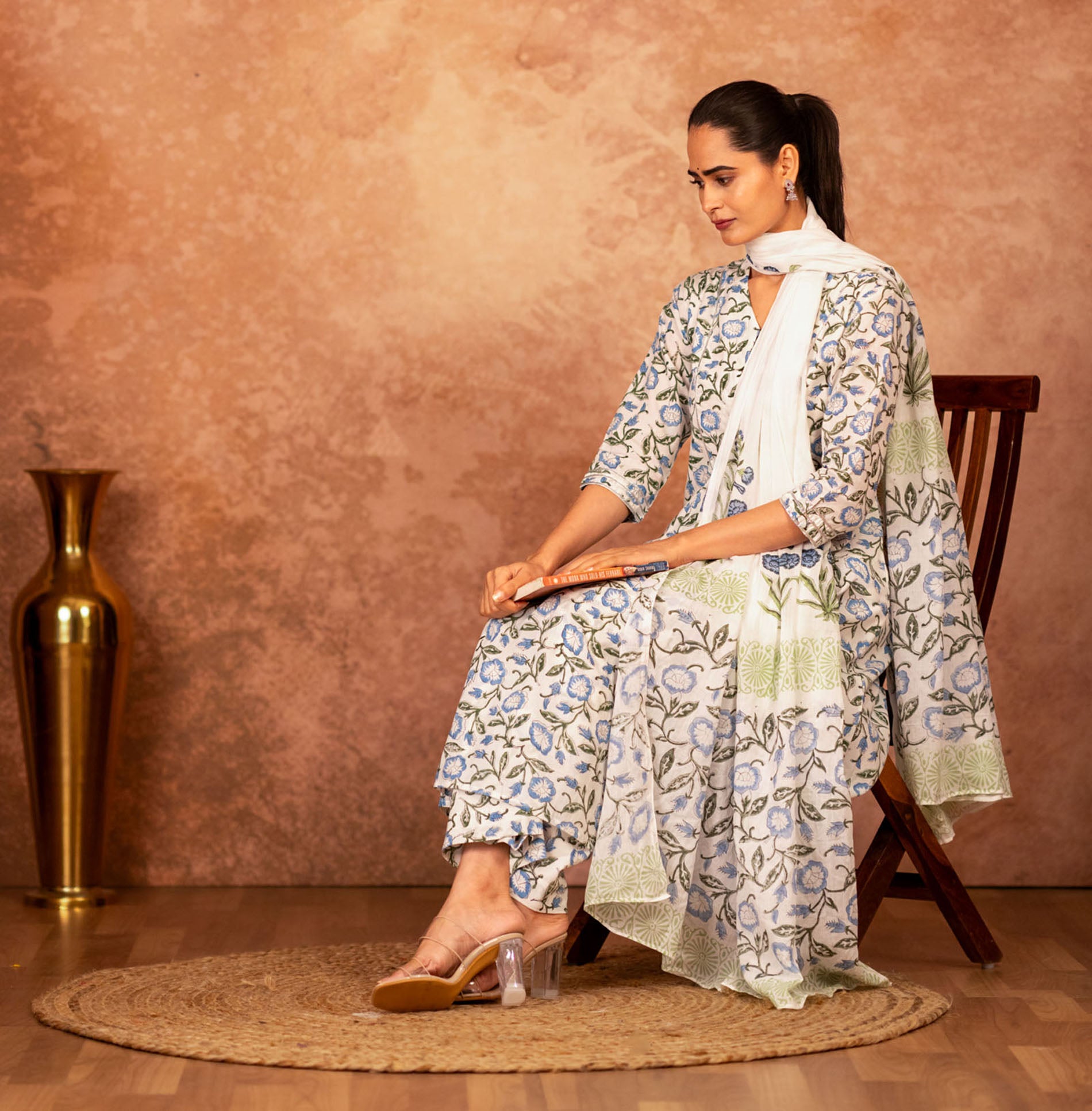 women’s blue floral hand block cotton suit sivi collection