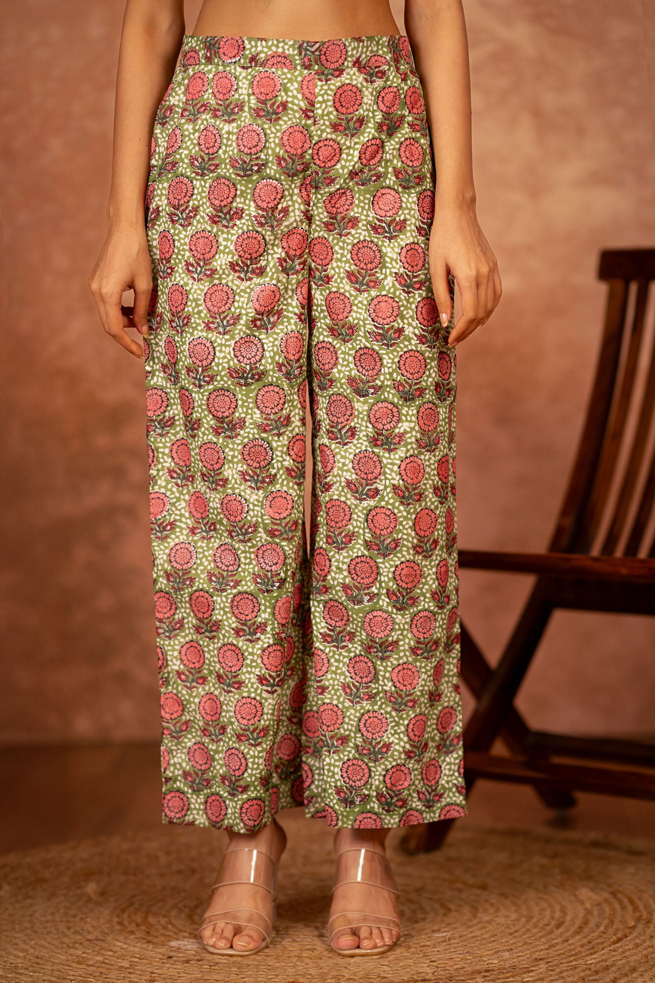 Green Pink Floral Hand Block Printed Cotton Suit Set of 3