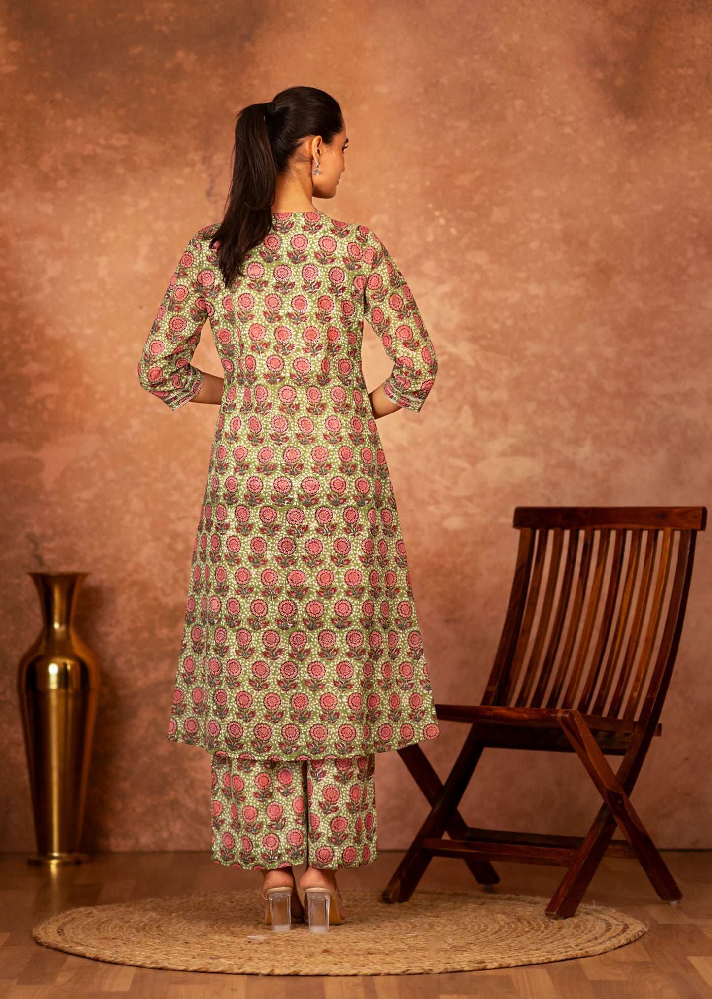 3 piece green pink hand-block cotton suit set