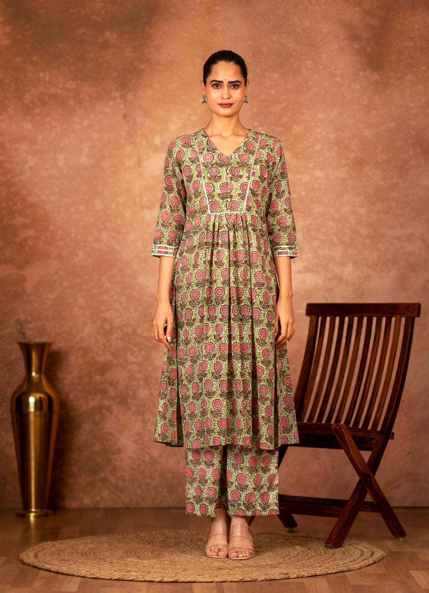 cotton pants green floral block print
