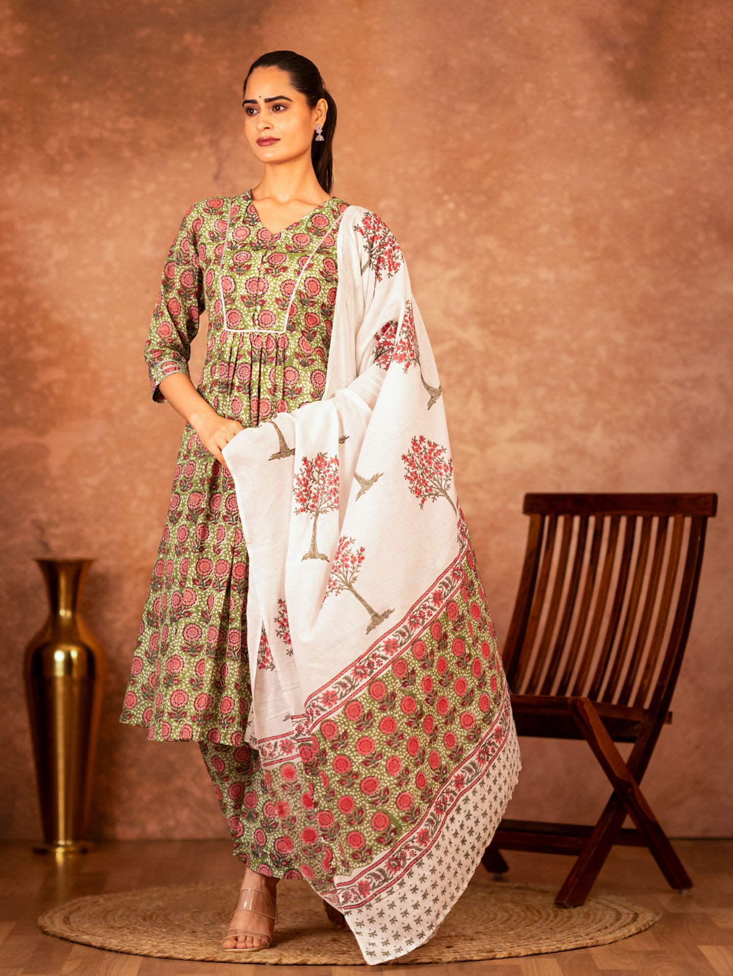 green pink floral hand block printed cotton kurta