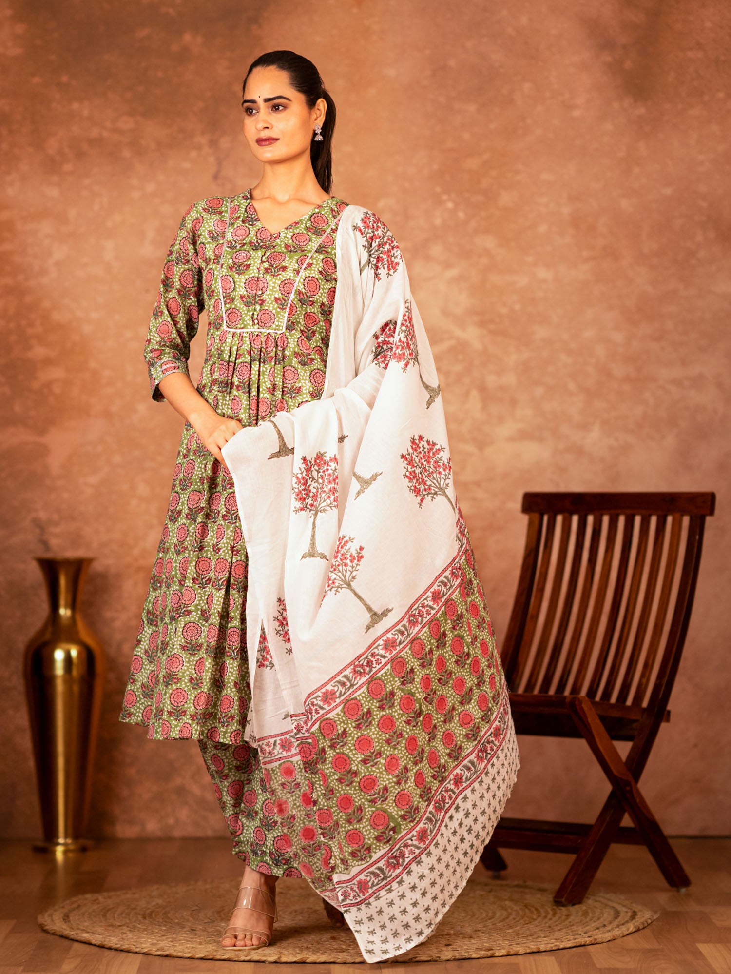 green pink floral hand block printed cotton kurta