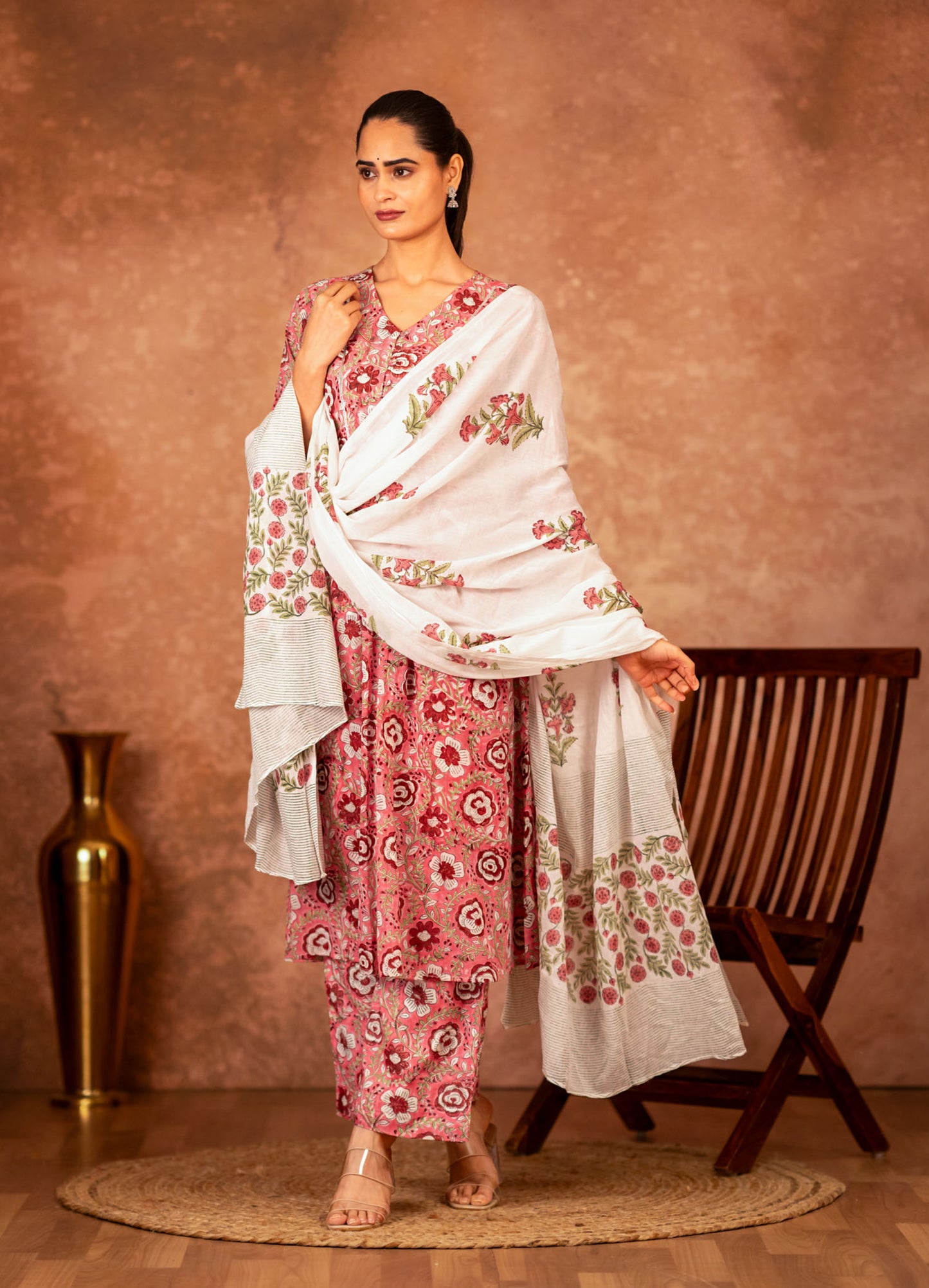 pink floral hand block printed cotton kurta front