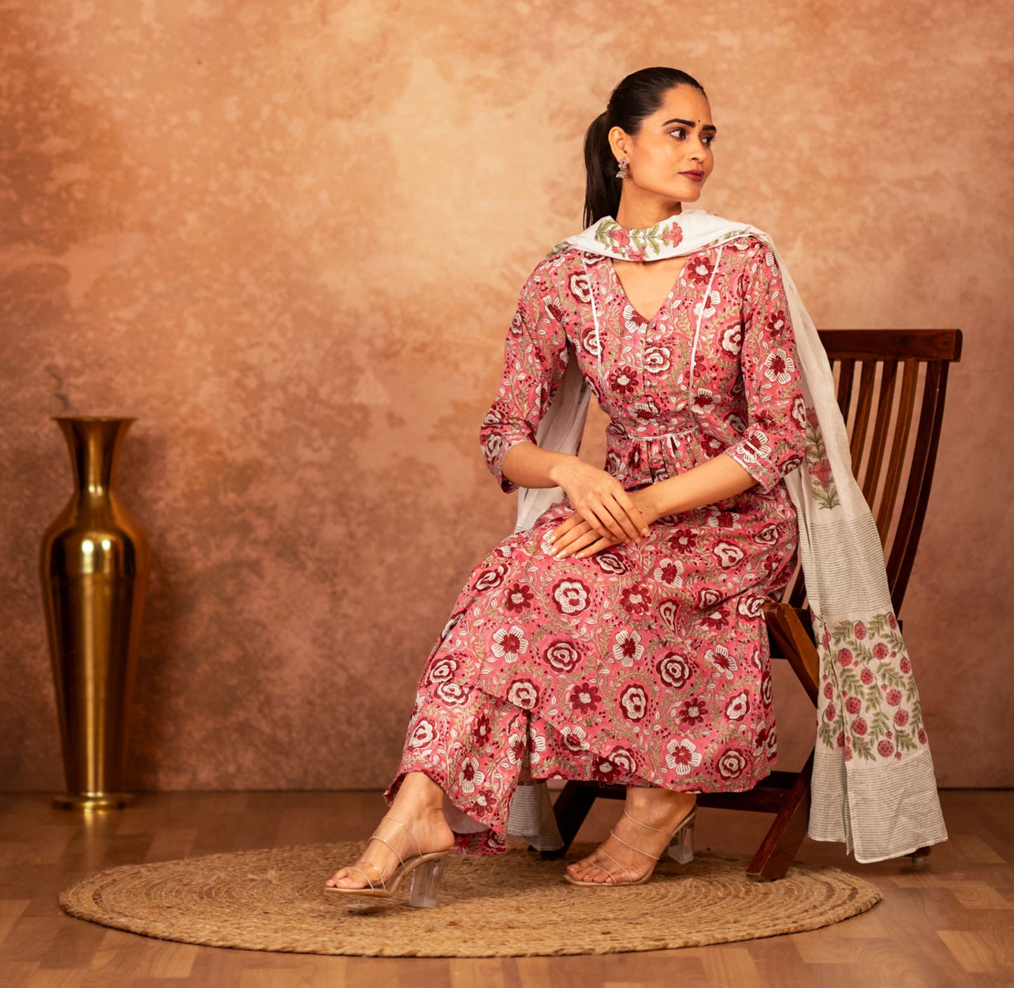 hand block printed pink floral dupatta cotton