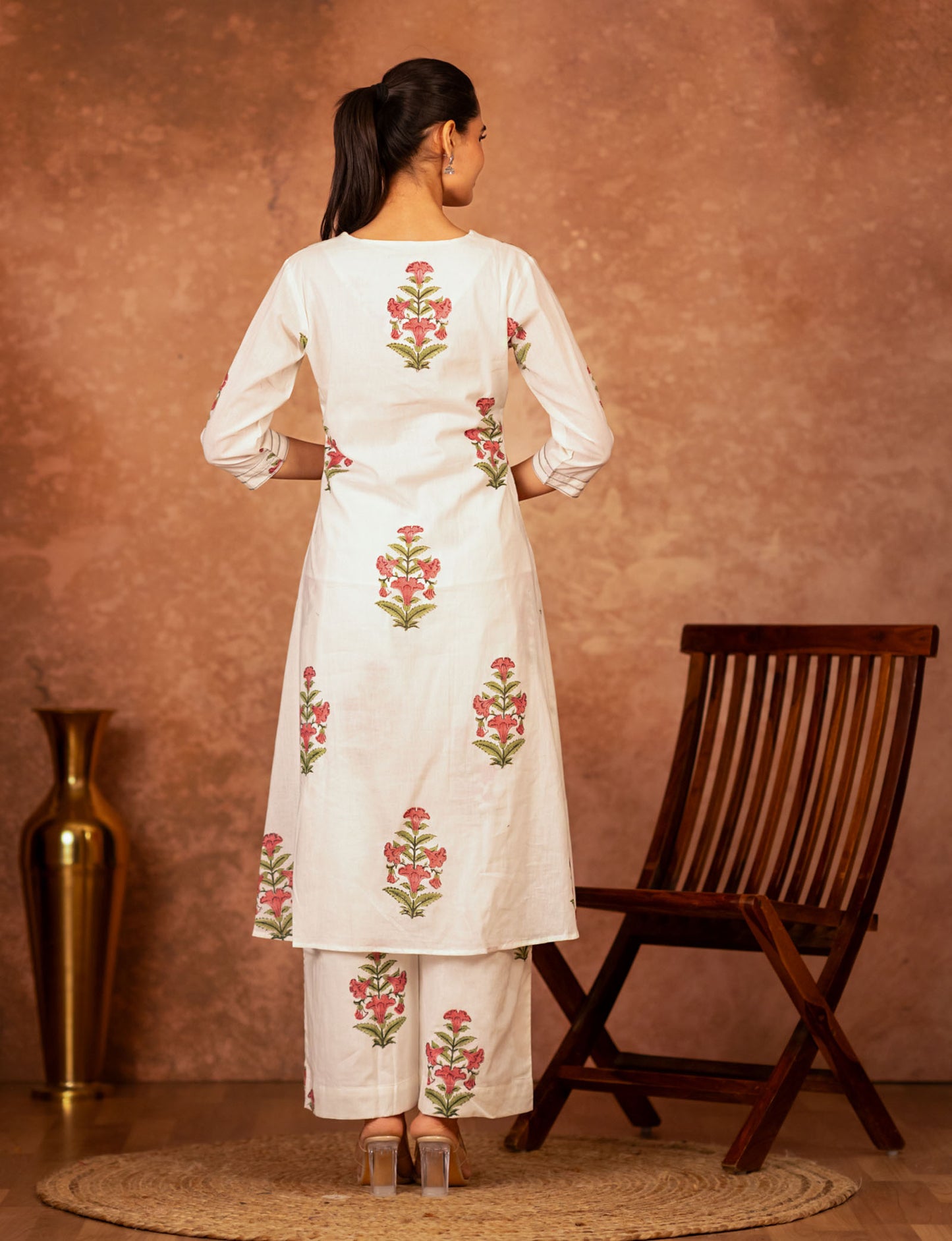 back view off white pink block printed kurta set