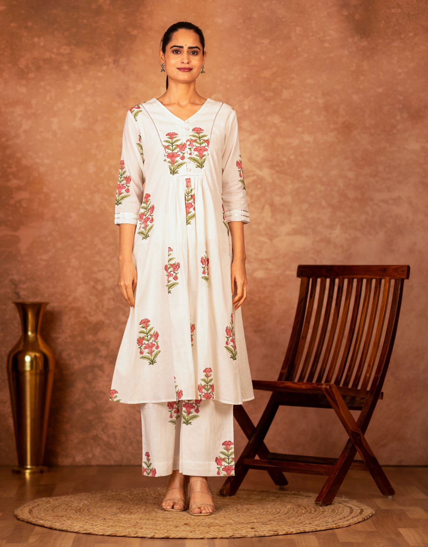 hand block floral print dupatta off white pink cotton